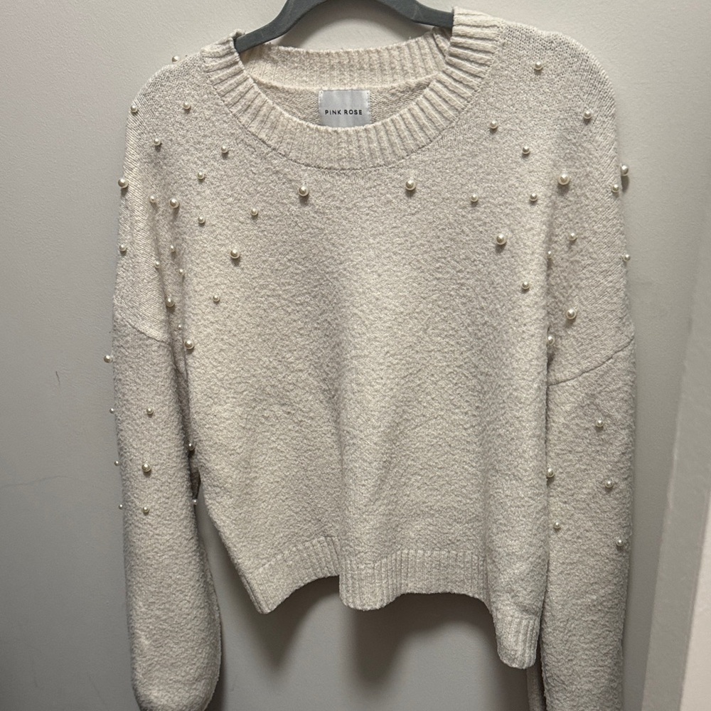Pink Rose Women's Ivory Sweater with Pearl Details